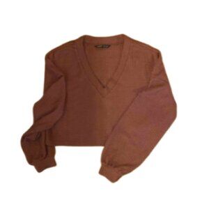 Shein Brown V NeckTextures Long Sleeve Crop Top Size XS NWOT